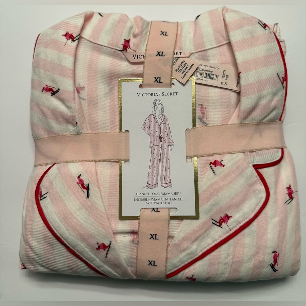 Victorias Secret XL Pink Flannel Long Pajama Set with Ski Print/Design New